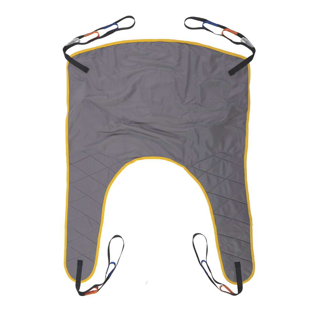 A Hoyer® Padded Quickfit Loop Style Sling in gray with yellow trim and four black straps, each ending in three colored loops, is laid flat on a white background.